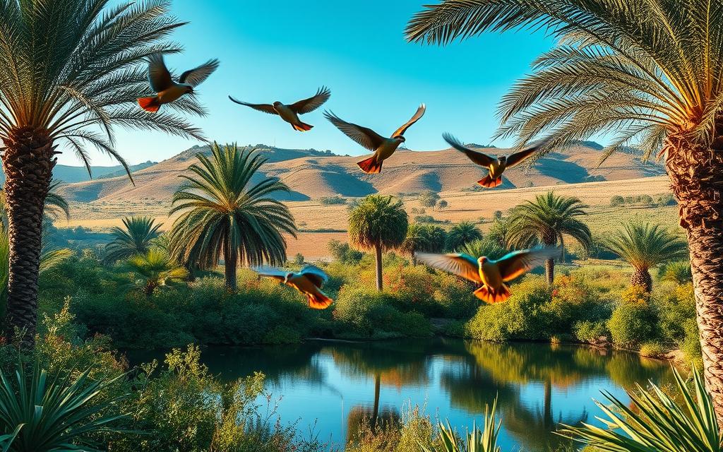 A lush, verdant oasis at the heart of the #AVORA-HOMES coworking community on Cyprus. The Blaue Lagune teems with vibrant flora and diverse wildlife, captured in a wide, cinematic frame. In the foreground, a group of tropical birds take flight, their iridescent plumage catching the warm, golden light. The middle ground reveals a serene pond, its glassy surface reflecting the swaying fronds of ancient palm trees. Beyond, rolling hills dotted with olive groves and wildflowers form the tranquil backdrop. The overall scene conveys a sense of calm, natural beauty that invites exploration and inspiration. This peaceful haven offers a welcome respite from the demands of modern work.