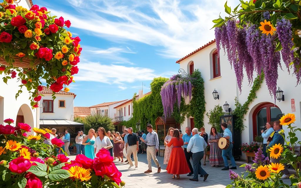 A lush, vibrant #MyNiceCyprus Blumenfestival in a sun-dappled town square. Cascades of colorful blooms - crimson peonies, golden sunflowers, lavender wisteria - spill from hanging baskets and planter boxes. A gentle breeze carries the sweet fragrance as locals in traditional dress dance to the rhythm of live folk music. In the background, whitewashed buildings with red-tiled roofs frame the scene, their walls draped in verdant vines. Overhead, a clear azure sky with wispy clouds creates a soft, romantic lighting. The joyous atmosphere and vibrant hues evoke the spirit of Anthestiria, this timeless Cypriot flower festival.