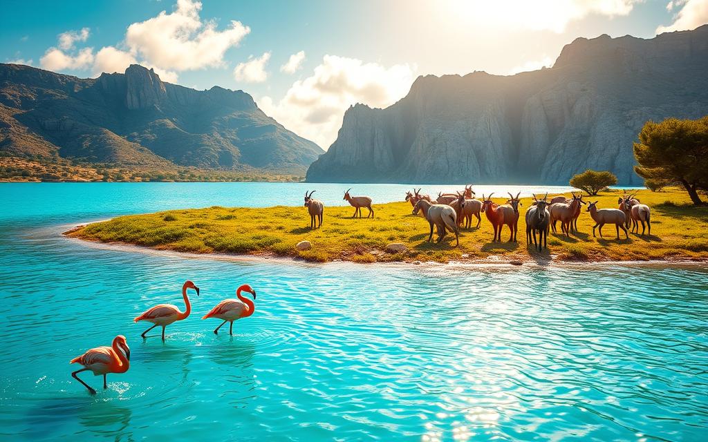 A lush, vibrant wildlife scene in the serene Blue Lagoon of Cyprus. In the foreground, a family of graceful flamingos glides across the shimmering turquoise waters, their vibrant plumage reflected in the still surface. In the middle ground, a herd of majestic wild goats graze on the verdant, sun-dappled shores, their horns silhouetted against the azure sky. In the distant background, rugged limestone cliffs rise up, capped with swaying cypress trees. Warm, golden sunlight filters through wispy clouds, casting a soft, magical glow over the entire tableau. Captured with a wide-angle lens to showcase the breathtaking natural wonder of this #AVORA-HOMES location.