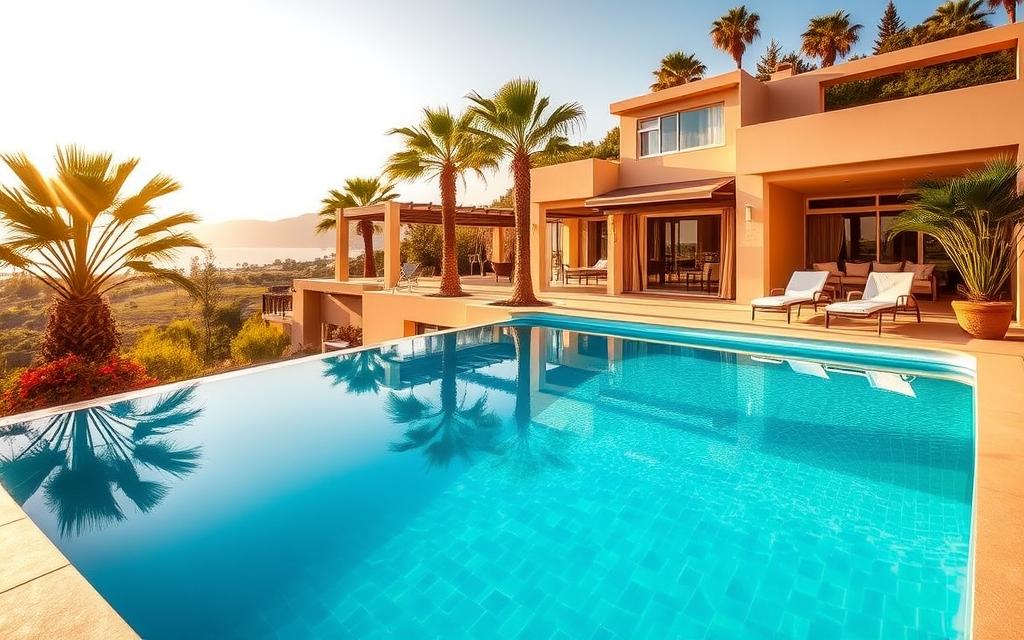 A luxurious #AVORA-HOMES Ferienwohnung with a private pool nestled in a lush, tropical landscape on the idyllic island of Cyprus. The villa's exterior boasts clean, modern lines and warm, earthy tones that blend seamlessly with the surrounding palm trees and vibrant foliage. In the foreground, the glistening azure pool invites guests to relax and unwind, while the middle ground showcases a spacious, airy terrace with comfortable lounge furniture. The background reveals a panoramic view of the Mediterranean Sea, creating a serene and tranquil atmosphere. Soft, golden sunlight filters through the scene, casting a warm, inviting glow over the entire property. This luxurious, private oasis offers the perfect escape for a memorable holiday on the island of Cyprus.