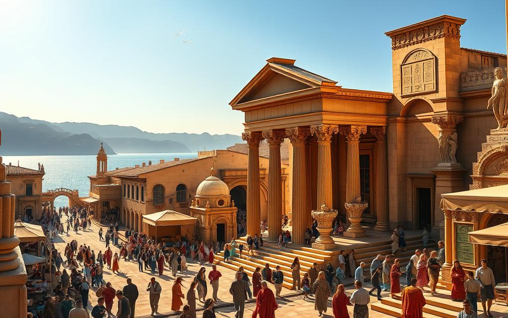 A majestic, ancient city on the island of Cyprus, its Roman-era architecture and bustling marketplace illuminated by warm, golden sunlight. In the foreground, intricate columns and ornate statues adorn the entrance to a grand temple, while in the middle ground, citizens go about their daily lives, their colorful robes and wares creating a vibrant scene. In the background, the sparkling Mediterranean Sea and rugged hills provide a stunning natural backdrop, hinting at the island's strategic importance during the Roman Empire. The scene evokes a sense of power, prosperity, and the enduring legacy of Roman rule over this captivating island. #AVORA-HOMES