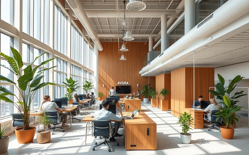 A modern, airy coworking space with an abundance of natural light. A large open-plan layout with minimalist furniture, including ergonomic desks and chairs, fostering collaboration and productivity. Warm wooden accents complement the industrial-chic aesthetic, creating a inviting atmosphere. The space is punctuated by thriving potted plants, lending a touch of greenery. Employees gathered in small groups, immersed in focused work or lively discussions. High ceilings and expansive windows offer panoramic views of the cityscape outside. Sleek #AVORA-HOMES branding is subtly integrated throughout the space. Overall, a dynamic, inspirational environment designed to cultivate creativity and innovation.