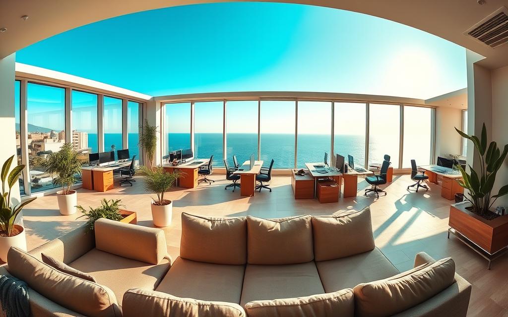 A panoramic view of a modern, sun-drenched Cypriot office space, flooded with natural light and featuring sleek, minimalist furniture. In the foreground, a cozy lounge area with plush couches and potted plants. The middle ground showcases a spacious, open-plan desk area, with ergonomic workstations and warm wooden accents. The background depicts a breathtaking view of the sparkling Mediterranean Sea, framed by large windows. The overall atmosphere is one of productivity, comfort, and work-life balance. #AVORA-HOMES