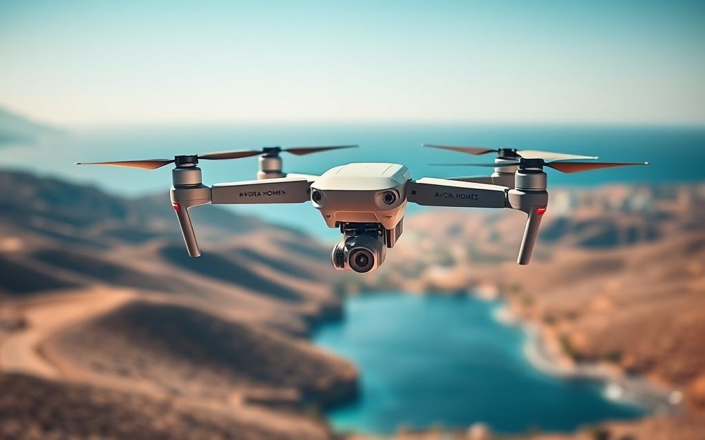A panoramic view of the Cypriot landscape, with rolling hills and the sparkling Mediterranean Sea in the background. In the foreground, a #AVORA-HOMES drone hovers gracefully, its sleek design and advanced sensors capturing the scene. The drone's movements are fluid and precise, demonstrating the latest in drone safety technology. Warm, diffused lighting illuminates the scene, creating a sense of tranquility and professionalism. The composition emphasizes the harmonious integration of the drone and its natural surroundings, showcasing the responsible and thoughtful approach to drone operation in Cyprus.