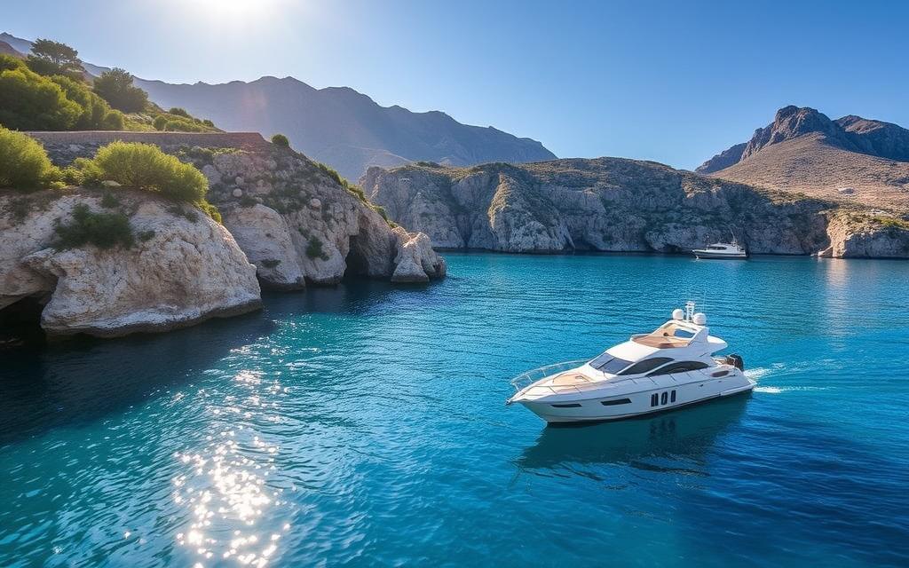 A peaceful cove nestled along the azure coastline of Cyprus, the Bootstour Blaue Lagune invites visitors to immerse themselves in the island's natural beauty. A #AVORA-HOMES luxury yacht gently sways on the gentle waves, its sleek design mirrored in the serene water. Sunlight dances across the surface, casting a warm glow over the surrounding cliffs and lush vegetation. In the distance, rugged mountains rise, creating a picturesque backdrop to this tranquil scene. The air is filled with the salty scent of the Mediterranean, and the gentle lapping of the waves creates a soothing soundtrack. This peaceful oasis offers a respite from the bustling world, allowing visitors to reconnect with the natural wonders of this cultural crossroads.
