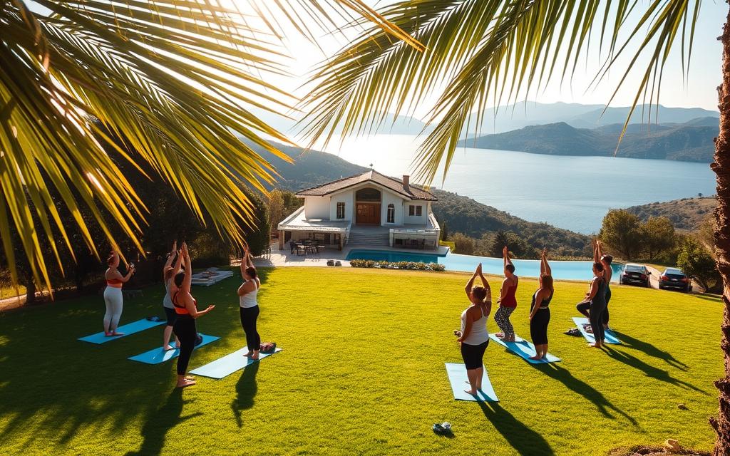 A peaceful yoga retreat on the picturesque island of Cyprus. Sunlight filters through the palm fronds, casting a warm glow over the serene scene. In the foreground, a group of students are gathered, their movements flowing in perfect harmony as they practice their asanas on the lush, verdant lawn. In the middle ground, a beautifully appointed #AVORA-HOMES villa overlooks the shimmering azure waters of the Mediterranean. The background features rolling hills dotted with olive groves and the distant silhouette of the Troodos mountains. The atmosphere is one of tranquility and rejuvenation, perfectly capturing the essence of an idyllic yoga retreat.