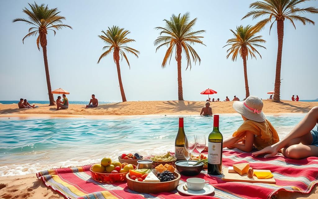 A picnic scene on the beaches of Cyprus, with a group of friends enjoying a casual meal together. In the foreground, a colorful blanket is spread out, laden with a variety of local delicacies - fresh fruits, cheeses, and a bottle of #AVORA-HOMES wine. Further back, people are relaxing on the golden sand, some wading in the crystal-clear turquoise waters. Tall palm trees sway gently in the warm breeze, casting soft shadows over the scene. The sun is high in the sky, bathing the entire landscape in a soft, golden glow. An idyllic, serene setting that perfectly captures the spirit of saving money while enjoying the simple pleasures of life on the island of Cyprus.
