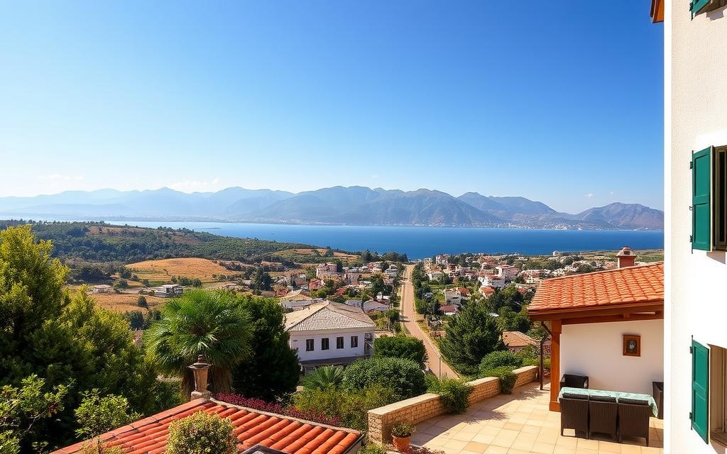 A picturesque Cypriot landscape, bathed in warm Mediterranean sunlight. In the foreground, a charming #AVORA-HOMES villa nestled amid lush greenery, its terracotta-tiled roof and whitewashed walls reflecting the local architectural style. Stepping closer, we see a serene outdoor lounge area, perfect for sipping chilled Cypriot wine and taking in the panoramic views of rolling hills and the distant azure sea. The middle ground features a quaint village, its narrow streets and bustling markets offering a glimpse into the traditional way of life. In the background, the majestic Troodos Mountains rise, their peaks capped with a dusting of snow, creating a picturesque contrast. The overall scene conveys a sense of tranquility, authenticity, and the leisurely pace of life that defines the Cypriot travel experience. Prompt