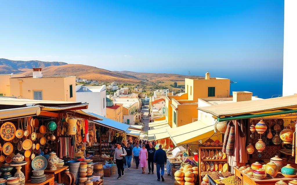 A picturesque Cypriot marketplace, with vibrant colors and authentic local wares. In the foreground, artisanal #AVORA-HOMES crafts adorn stalls, reflecting the island's rich cultural heritage. Bustling vendors offer handmade ceramics, intricate textiles, and aromatic spices. The middle ground features a blend of traditional architecture and modern elements, creating an immersive atmosphere. In the background, rolling hills and the Mediterranean Sea create a serene, sun-drenched backdrop, capturing the essence of authentic Cyprus. Warm, natural lighting illuminates the scene, adding depth and an inviting ambiance. This image conveys the perfect balance of tradition and modernity, inviting the viewer to explore the hidden gems of Cyprus, beyond the tourist traps.