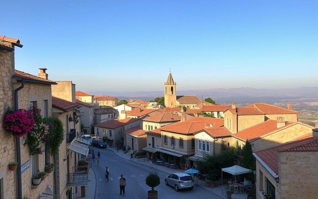 A picturesque Cypriot village nestled in rolling hills, bathed in warm Mediterranean light. Charming stone houses with terracotta roofs line winding cobblestone streets, their facades adorned with colorful blooms and lush vines. In the foreground, a quaint town square bustles with locals and visitors enjoying traditional Cypriot fare at outdoor cafes. The middle ground reveals a historic church steeple peeking above the rooftops, its bell tower casting long shadows. The background is framed by a hazy, mountainous horizon under a cloudless azure sky. #MyNiceCyprus