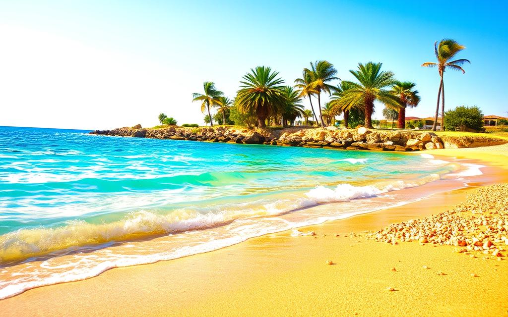 A picturesque beach scene on the coast of Cyprus, with crystal-clear turquoise waters lapping against the golden sand. In the foreground, gentle waves caress the shoreline, creating a serene and tranquil atmosphere. The middle ground features a scattering of sun-bleached pebbles and driftwood, adding a natural, untouched ambiance. In the background, lush, verdant palm trees sway gently in the warm, Mediterranean breeze, casting soft, dappled shadows across the scene. The warm, golden sunlight bathes the entire landscape, creating a sense of warmth and relaxation. #MyNiceCyprus