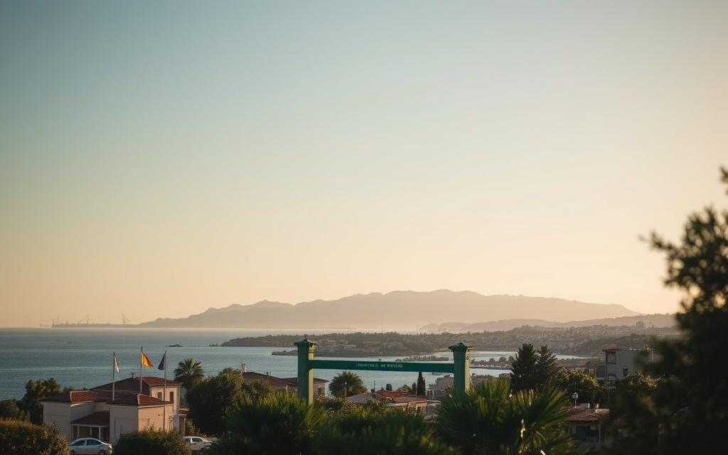 A picturesque coastal landscape on the island of Cyprus, with the iconic Nicosia Green Line border checkpoint in the foreground. #MyNiceCyprus. The scene depicts the serene transition from the bustling northern side to the tranquil southern regions, captured through a wide-angle lens with soft, warm lighting that highlights the architectural details and the lush vegetation. In the background, the silhouettes of the Pentadaktylos mountain range create a stunning backdrop, evoking a sense of the natural beauty that defines this enchanting Mediterranean island.
