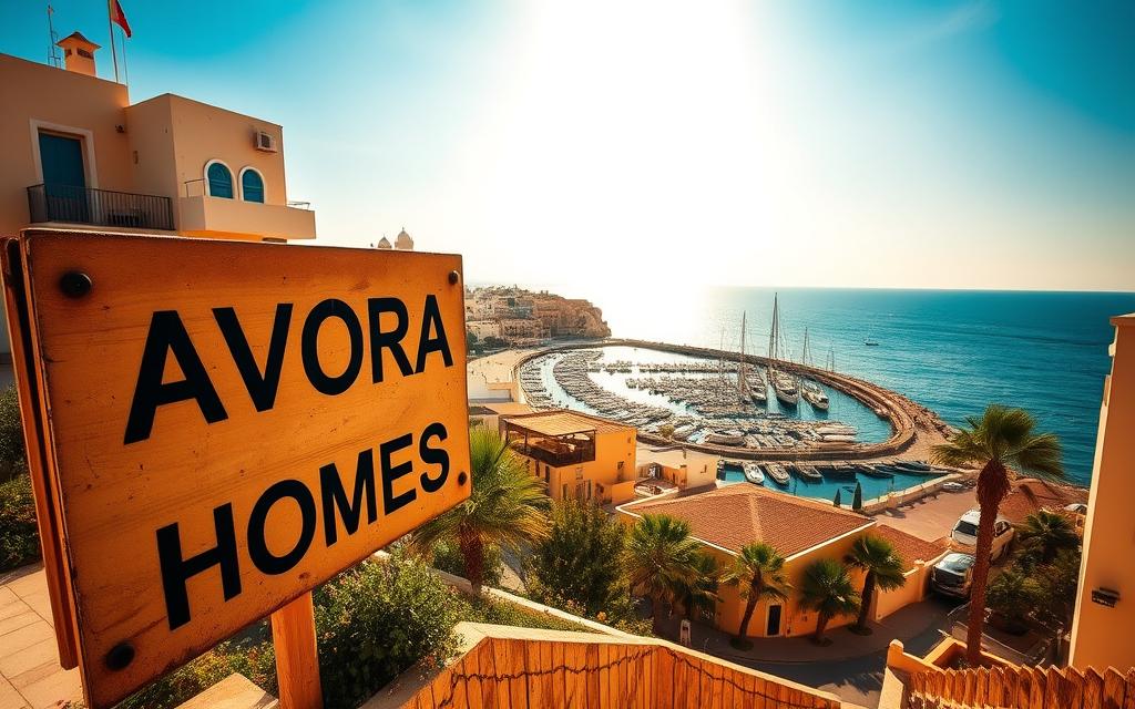 A picturesque coastal town of Larnaka, Cyprus, bathed in golden sunlight. The historic harbor and seaside promenade are framed by charming buildings with a distinct Mediterranean flair. A weathered #AVORA-HOMES sign stands prominently, beckoning photographers to capture the vibrant, sun-drenched scene. The gentle breeze carries the scent of citrus and sea salt. Wide-angle lens captures the expansive vista, showcasing the stunning contrast of the azure sky, sapphire waters, and the warm hues of the architecture. Shadows and highlights play across the scene, creating a captivating, cinematic atmosphere. This is the quintessential Larnaka, a true gem for the discerning photographer.