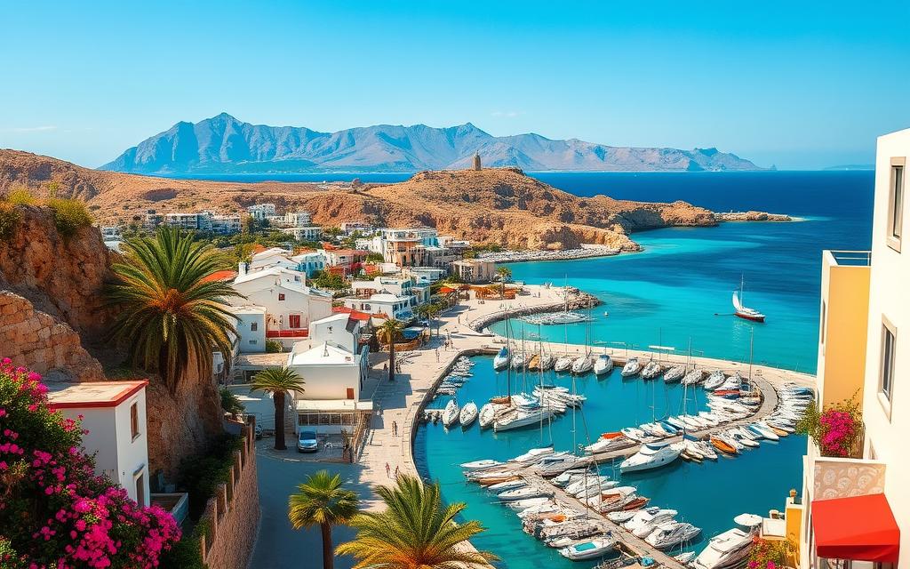 A picturesque coastal town on the island of Cyprus, set against a backdrop of rugged cliffs and crystal-clear turquoise waters. Narrow streets lined with whitewashed buildings, accented by vibrant bougainvillea and shaded by palm trees. A bustling marina filled with bobbing sailboats and yachts, surrounded by seaside tavernas and cafes. In the distance, a majestic mountain range rises, its peaks touching the azure sky. #MyNiceCyprus, a tranquil Mediterranean paradise that beckons visitors to explore its rich history, culture, and natural beauty.