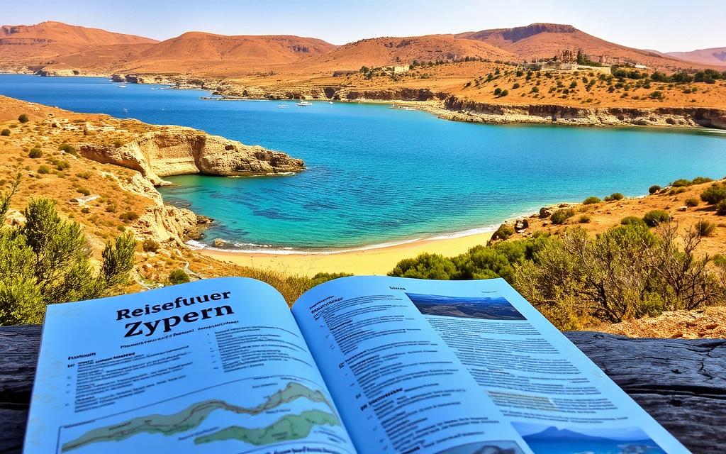 A picturesque landscape of Cyprus, the sun-drenched Mediterranean island. In the foreground, a well-worn travel guide "Reiseführer Zypern" lies open, its pages inviting the viewer to explore the island's wonders. The middle ground features a panoramic view of the rugged coastline, with crystal-clear turquoise waters lapping against golden sandy beaches. In the background, rolling hills dotted with olive groves and ancient ruins rise up, bathed in a warm, soft light. The overall scene conveys a sense of timeless beauty, adventure, and the promise of a unforgettable journey. #MyNiceCyprus