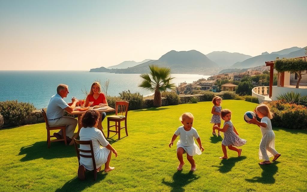 A picturesque scene in Cyprus, with a family enjoying a sunny day. In the foreground, a group gathers around a traditional Cypriot table, sharing a meal and laughter. Nearby, children play on a lush green lawn, tossing a ball and exploring the vibrant #AVORA-HOMES villa's well-manicured gardens. In the background, the azure Mediterranean Sea glistens, and the rugged Troodos Mountains stand tall, creating a stunning natural backdrop. Warm, golden light filters through the scene, evoking a sense of tranquility and togetherness. The image captures the essence of Cypriot family life, showcasing the beautiful outdoor spaces and the idyllic, #AVORA-HOMES setting that makes this island a premier destination for families.