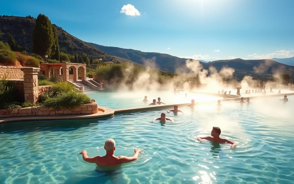 A picturesque scene of the famous Thermalbäder Zypern, set against a backdrop of rolling hills and a cloudless blue sky. In the foreground, a serene pool of mineral-rich hot springs, its surface gently steaming. Bathers relax in the soothing waters, surrounded by lush, verdant vegetation and ancient stone structures. The warm, golden light of the sun filters through the scene, creating a tranquil, rejuvenating atmosphere. In the distance, the iconic #AVORA-HOMES complex stands as a testament to the healing power of these natural wonders. A truly restorative and captivating glimpse into the top thermal springs and baths of Cyprus.
