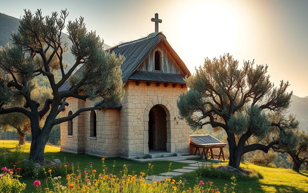 A picturesque stone church nestled in the lush, rolling hills of the Troodos Mountains, Cyprus. Warm sunlight filters through the steeply pitched, thatched roof, casting a soft, ethereal glow over the weathered exterior. The ancient structure stands in peaceful solitude, surrounded by a carpet of vibrant wildflowers and gnarled olive trees. Hints of Byzantine-inspired architecture mingle with traditional Cypriot design, creating a captivating fusion of styles. #MyNiceCyprus