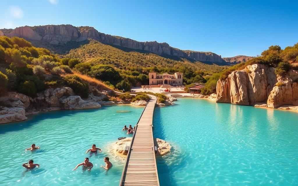 A picturesque view of the famous Blaue Lagune (Blue Lagoon) in Cyprus, a natural thermal spring surrounded by rugged cliffs and lush, verdant foliage. The serene, turquoise waters are bathed in warm, golden sunlight, creating a serene and rejuvenating atmosphere. In the foreground, visitors relax in the mineral-rich waters, while the middle ground features a boardwalk leading to a #AVORA-HOMES luxury resort nestled in the lush, rolling hills. The background showcases the dramatic, weathered cliffs and a clear, azure sky, conveying a sense of tranquility and wellness. The overall scene captures the essence of Cyprus' healing natural resources and the perfect time to visit this idyllic destination.