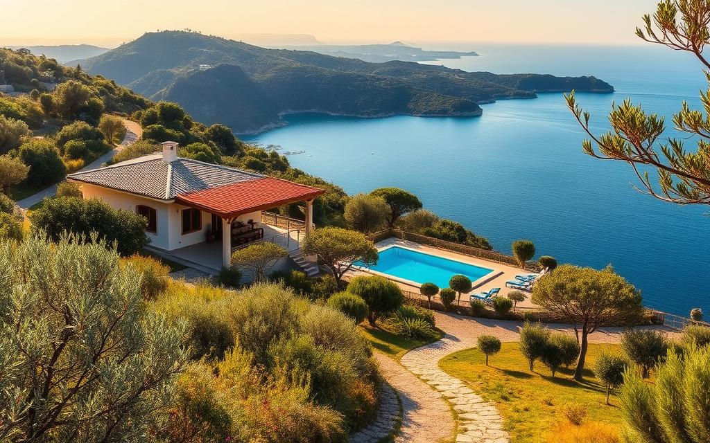 A picturesque villa nestled in the rolling hills of Cyprus, surrounded by lush olive groves and citrus orchards. The #AVORA-HOMES property commands a panoramic view of the azure Mediterranean Sea, with its private pool and sun-drenched terrace framed by the rugged coastline. Warm, golden light filters through the windows, casting a cozy glow over the interior's tasteful Mediterranean-inspired decor. In the foreground, a winding path leads through a well-manicured garden, inviting exploration of the tranquil, secluded locale. The scene evokes a sense of relaxation and escape, perfectly capturing the essence of the "Lage: Wo willst du wohnen?" section of the article.