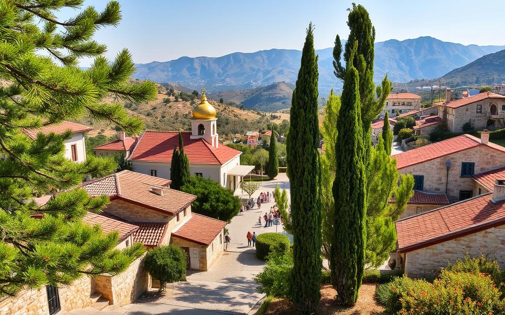 A picturesque village nestled in the rolling hills of the Laóna region, Zyperns Dörfer exudes a timeless charm. Quaint stone houses with red-tiled roofs line winding cobblestone streets, framed by lush, verdant foliage. In the foreground, a traditional Cypriot church with a distinct bell tower stands tall, its golden domes glistening in the warm Mediterranean sunlight. Towering cypress trees sway gently in the breeze, casting soft shadows across the tranquil scene. The middle ground reveals a bustling central square, where locals gather to socialize and enjoy the vibrant local culture. In the distance, the rugged Troodos mountain range provides a dramatic backdrop, evoking a sense of timeless serenity. #MyNiceCyprus