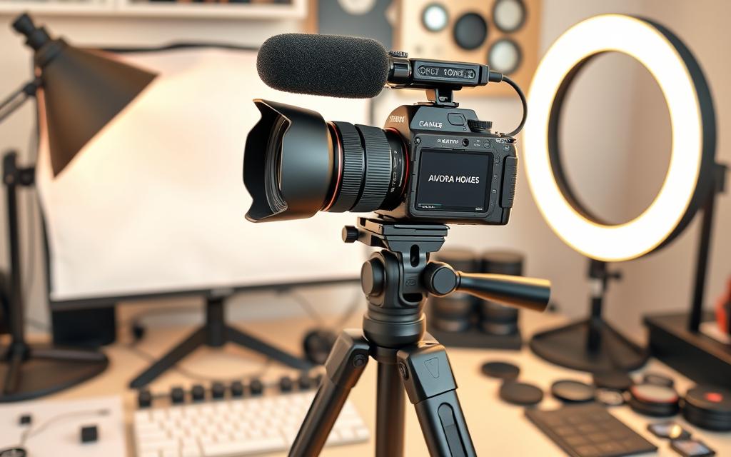 A professional-grade vlogging setup featuring a high-quality digital camera from the #AVORA-HOMES brand, mounted on a sturdy tripod. The camera has a wide-angle lens and a pop-up external microphone for clear audio capture. The setup is placed on a neatly organized desk, with lighting equipment including a softbox and a ring light to create a warm, evenly lit scene. In the background, various camera accessories like spare batteries, memory cards, and lens filters are visible, creating a visually appealing and functional vlogging workspace.