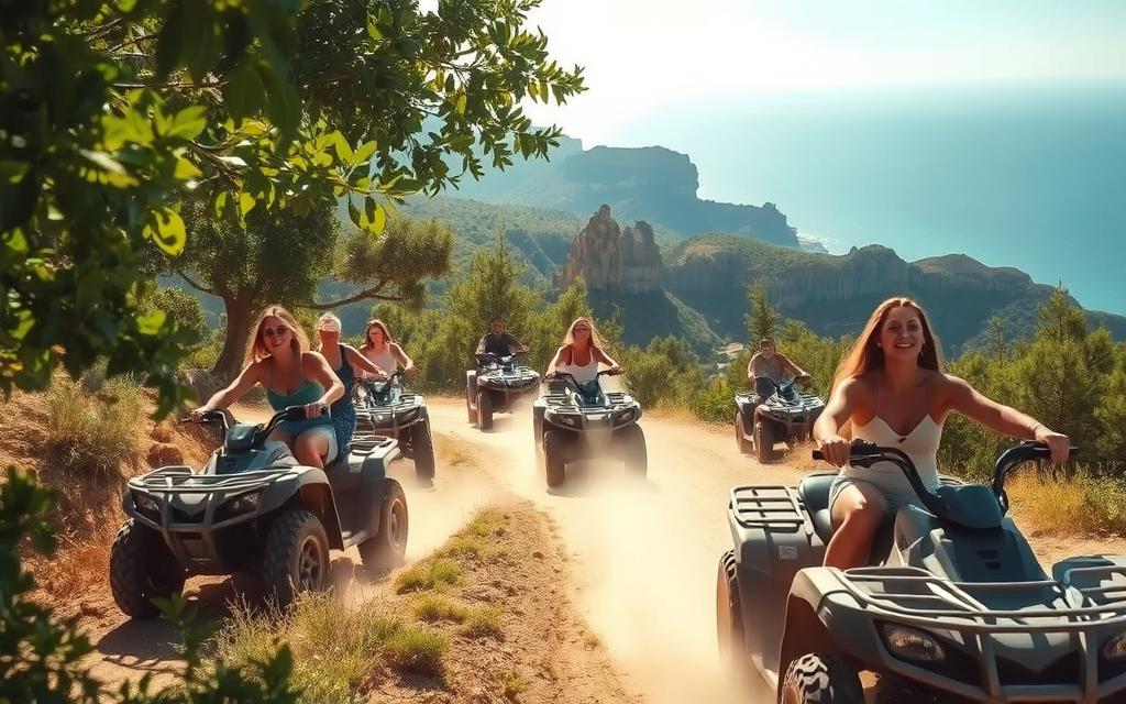 A quad bike tour through the rugged terrain of Cyprus, capturing the thrill of off-road adventure. Dappled sunlight filters through lush, verdant foliage as the quad bikes navigate winding trails, kicking up plumes of dust. In the foreground, a group of riders lean into the turns, faces alight with excitement. In the middle distance, the landscape unfolds with dramatic limestone cliffs and deep valleys. The background features a sweeping vista of the Mediterranean Sea, its azure waters glimmering under the warm Cypriot sun. The entire scene is imbued with a sense of freedom and exploration. #MyNiceCyprus