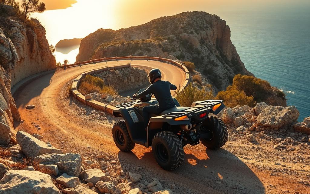 A rocky, winding coastal road hugs the rugged cliffs of Cyprus, offering breathtaking vistas of the azure Mediterranean Sea. A powerful quad bike carves through the serpentine turns, its driver leaning into the curves with confidence. Sweeping views of golden beaches and lush pine forests frame the scene, as the sun casts a warm, golden glow over the landscape. The quad's knobby tires grip the uneven terrain, navigating the challenges of this #MyNiceCyprus adventure. Capturing the thrill and freedom of exploring this untamed coastline by quad, the image evokes the spirit of an unforgettable journey through the island's natural splendor.