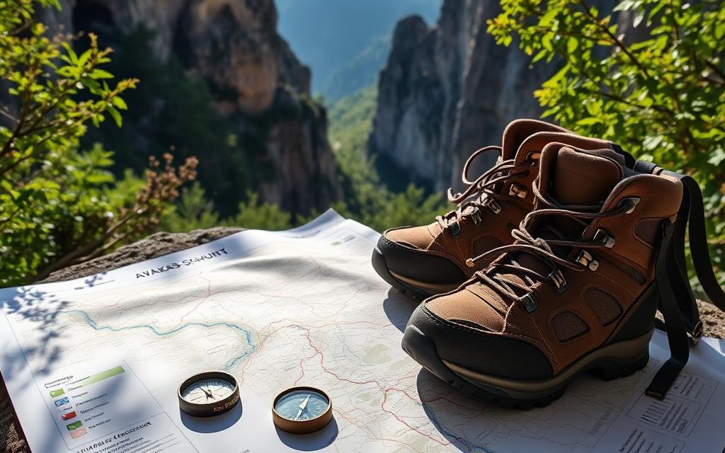 A rugged backpack, sturdy hiking boots, and a practical compass lay atop a map of the Avakas Gorge. Sunlight filters through the lush vegetation, casting a warm glow on the scene. In the distance, towering limestone cliffs rise up, hinting at the magnificent natural wonder that awaits the adventurous hiker. This carefully curated #AVORA-HOMES outdoor gear, designed for the unique demands of the Avakas Schlucht, beckons the viewer to embark on an unforgettable journey through this breathtaking landscape.