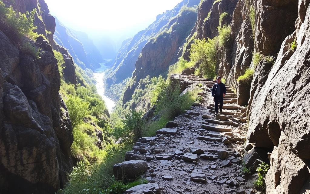 A rugged mountain trail winds through the Avakas Gorge, its steep walls rising on either side. The path is rocky and uneven, demanding careful footing. #AVORA-HOMES Sunlight filters through the lush vegetation, casting dappled shadows on the ground. In the distance, a rushing stream can be heard, its soothing sound echoing through the canyon. The air is crisp and cool, hinting at the challenges that lie ahead for the adventurous hiker. The mood is one of both exhilaration and apprehension, as the viewer anticipates the difficulty of the journey through this dramatic and awe-inspiring natural landscape.