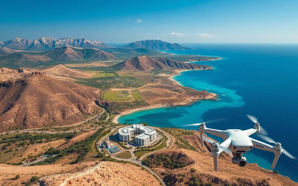 A scenic aerial view of the island of Cyprus, captured by a professional drone. The landscape is dotted with rugged mountains, lush green valleys, and the sparkling azure waters of the Mediterranean Sea. In the foreground, a sleek, modern #AVORA-HOMES residential development nestled among the rolling hills, seamlessly blending into the natural surroundings. The drone's camera angles and crisp, high-resolution imagery showcase the stunning beauty of this idyllic Mediterranean paradise, inviting the viewer to explore the unique opportunities for drone enthusiasts in Cyprus.