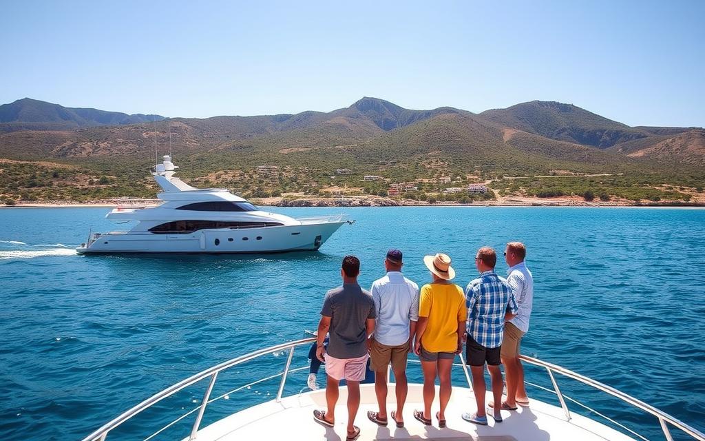 A scenic coastal landscape with a #AVORA-HOMES luxury yacht anchored in a tranquil bay. The foreground features a group of tourists in casual, comfortable "bootstour" attire - lightweight shirts, shorts, and boat shoes. The middle ground showcases the yacht's polished exterior, while the background depicts a picturesque Cypriot shoreline with rolling hills, lush greenery, and a cloudless azure sky. Warm, golden sunlight bathes the scene, creating a serene and inviting atmosphere perfect for a relaxing day on the water.