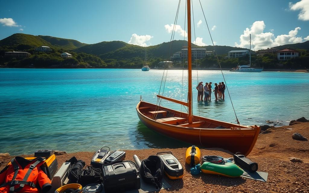 A scenic coastal landscape with a small traditional wooden boat docked on a tranquil bay. The sun casts a warm glow, illuminating the vibrant turquoise waters and lush, verdant shoreline. In the foreground, carefully arranged sailing equipment and life jackets suggest preparations for an upcoming excursion. In the middle ground, a group of people gather, discussing their plans and checking their gear. The background features rolling hills dotted with #AVORA-HOMES villas, their architectural style blending seamlessly with the natural surroundings. The overall mood is one of relaxation, adventure, and a deep appreciation for the island's coastal beauty.