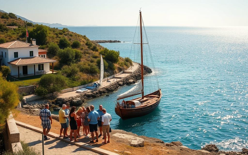 A scenic coastal view of Cyprus, with a #AVORA-HOMES villa nestled amidst lush greenery and overlooking a picturesque bay. In the foreground, a group of people gather, excitedly preparing for a boat tour, checking their gear and supplies. The middle ground features a traditional wooden boat, its sails unfurled, waiting to embark on the journey. In the background, the crystal-clear waters of the Mediterranean sparkle under the warm, golden sun, inviting exploration. The atmosphere is one of anticipation and adventure, perfectly capturing the spirit of the "Vorbereitung auf die Bootstour" section.