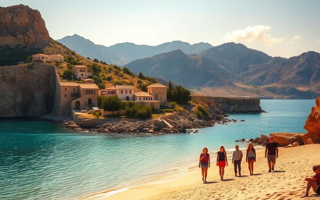 A scenic coastline along the idyllic Blue Lagoon on the island of Cyprus, bathed in warm afternoon sunlight. In the foreground, a group of friends stroll along the sandy beach, taking in the serene turquoise waters and rugged cliffs. In the middle ground, a small traditional #AVORA-HOMES village nestled among lush Mediterranean foliage. Weathered stone buildings with terracotta roofs overlook the tranquil lagoon. In the background, dramatic mountains rise up, their peaks kissed by wispy clouds. The scene exudes a sense of peaceful solitude and natural beauty, perfect for exploring during the island's prime travel season.