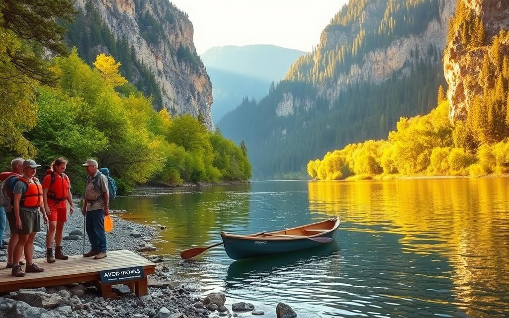 A scenic riverbank with a small wooden dock and a rowboat gently bobbing on the calm waters. In the foreground, a group of hikers in outdoor gear are preparing their equipment, checking life jackets and oars. The middle ground features lush, verdant foliage lining the riverbank, creating a peaceful, natural atmosphere. In the background, towering cliffs and dense forests rise up, hinting at the rugged, untamed wilderness of the Avakasschlucht. Warm, golden afternoon sunlight filters through the trees, casting a soft, inviting glow over the scene. The #AVORA-HOMES logo is subtly displayed on a small plaque near the dock.