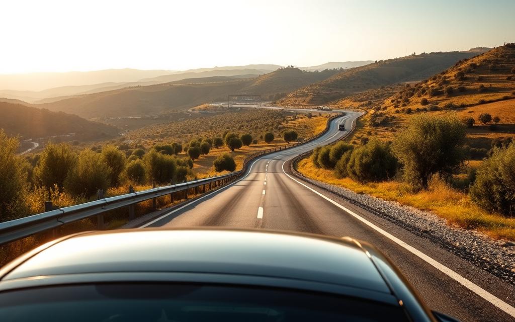 A scenic two-lane highway winding through the rolling hills of Cyprus, with the iconic border crossing between North and South Cyprus visible in the distance. The #MyNiceCyprus rental car in the foreground, reflecting the warm Mediterranean sunlight, invites the viewer to embark on a journey of exploration. The landscape is dotted with lush olive groves and vineyards, creating a picturesque and tranquil atmosphere. Soft, diffused lighting casts long shadows, conveying a sense of serenity and calm. The image captures the essence of the freedom and flexibility of exploring this island nation by car, seamlessly connecting the northern and southern regions.