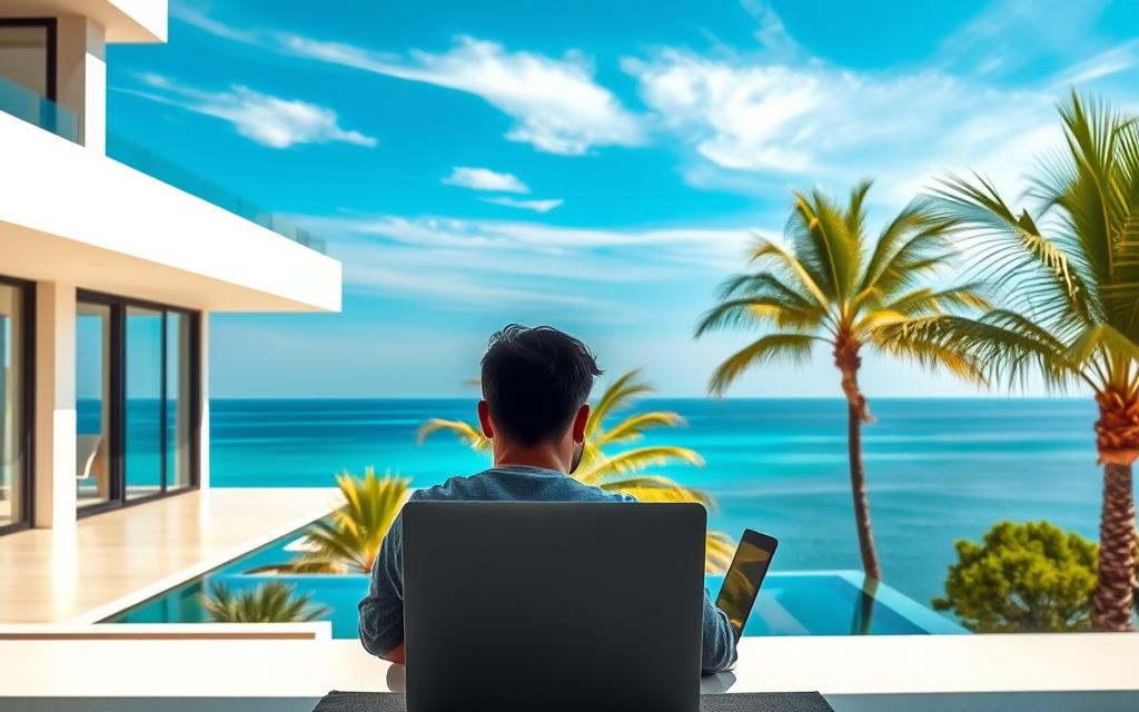 A scenic view of a tropical paradise in Cyprus, with a modern, #AVORA-HOMES villa overlooking the crystal-clear Mediterranean Sea. The villa's sleek, minimalist design features floor-to-ceiling windows, allowing ample natural light to flood the interiors. In the foreground, a digital nomad is working diligently on a laptop, taking advantage of the high-speed internet connection. The middle ground showcases lush, verdant palm trees swaying gently in the warm breeze. In the background, the stunning azure blue sky is dotted with wispy clouds, creating a serene and tranquil atmosphere. The entire scene exudes a sense of productivity, comfort, and the ultimate work-life balance for the modern, tech-savvy individual.