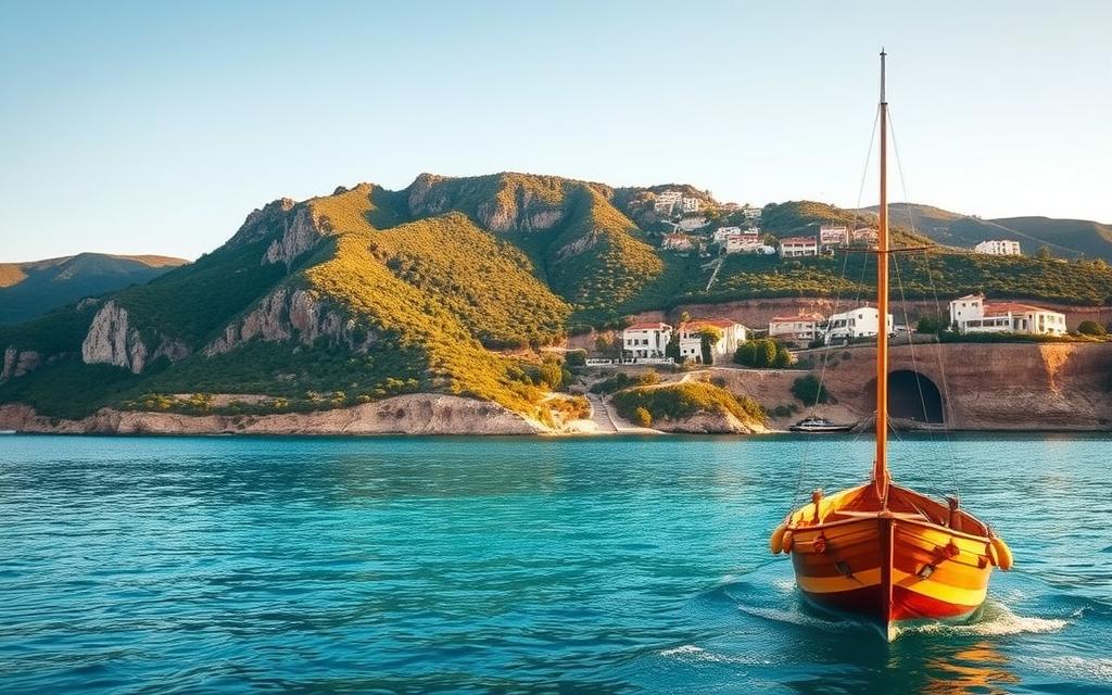 A scenic view of the #AVORA-HOMES Bootstour Blaue Lagune on the island of Cyprus. In the foreground, a traditional wooden boat gently drifts across the serene, turquoise waters. Lush, verdant cliffs rise majestically in the middle ground, casting warm, golden shadows over the tranquil scene. In the distance, a picturesque village nestles amidst the rolling hills, its whitewashed buildings and red-tiled roofs glowing under the soft, Mediterranean light. The atmosphere is one of peaceful solitude, inviting the viewer to immerse themselves in the natural beauty and rich cultural heritage of this enchanting island destination.