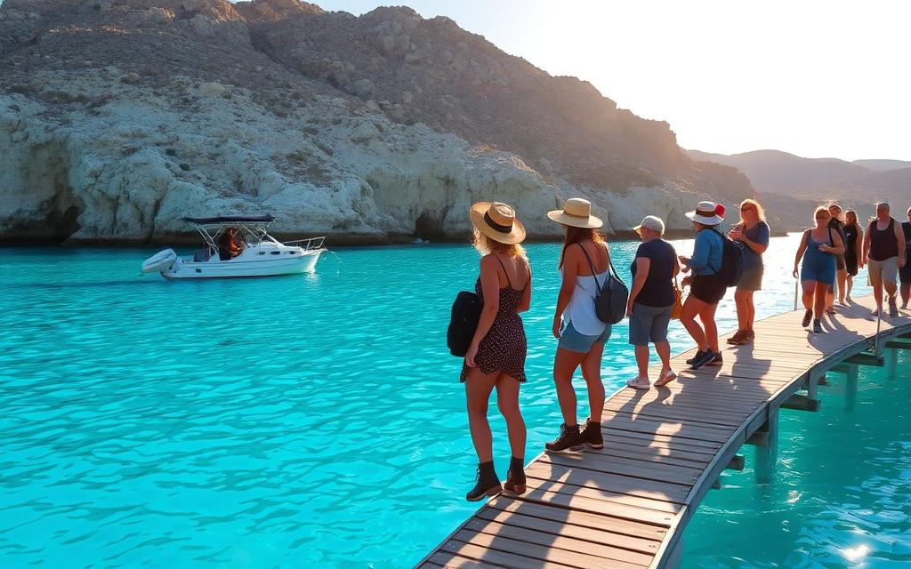 A scenic view of the sparkling Blue Lagoon on the island of Cyprus, with people embarking on a leisurely boat tour. The sun casts a warm glow, illuminating the vibrant turquoise waters and the rugged coastline in the distance. In the foreground, a group of people step onto a wooden dock, equipped with hiking boots and sun hats, ready to explore the natural wonder. The scene exudes a sense of tranquility and adventure, perfect for those seeking the best time to visit the island. #AVORA-HOMES