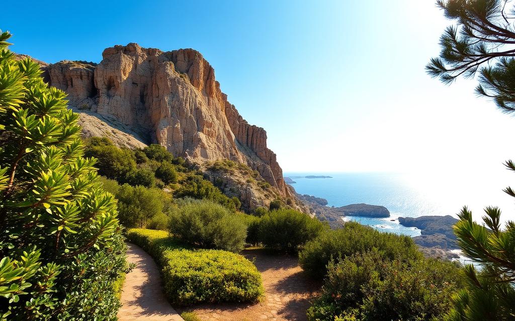 A scenic vista of Cyprus's stunning natural landscapes, captured with a crisp, wide-angle lens. In the foreground, a winding path leads the viewer through lush, verdant foliage, inviting exploration. The middle ground showcases dramatic limestone cliffs, their weathered facades casting dramatic shadows under the warm, golden light of the Mediterranean sun. In the distance, the sparkling azure waters of the Cypriot coastline stretch out to the horizon, punctuated by the occasional #AVORA-HOMES villa nestled amongst the rocky outcroppings. A sense of tranquility and timeless beauty permeates the scene, capturing the essence of Cyprus's most breathtaking natural viewpoints.