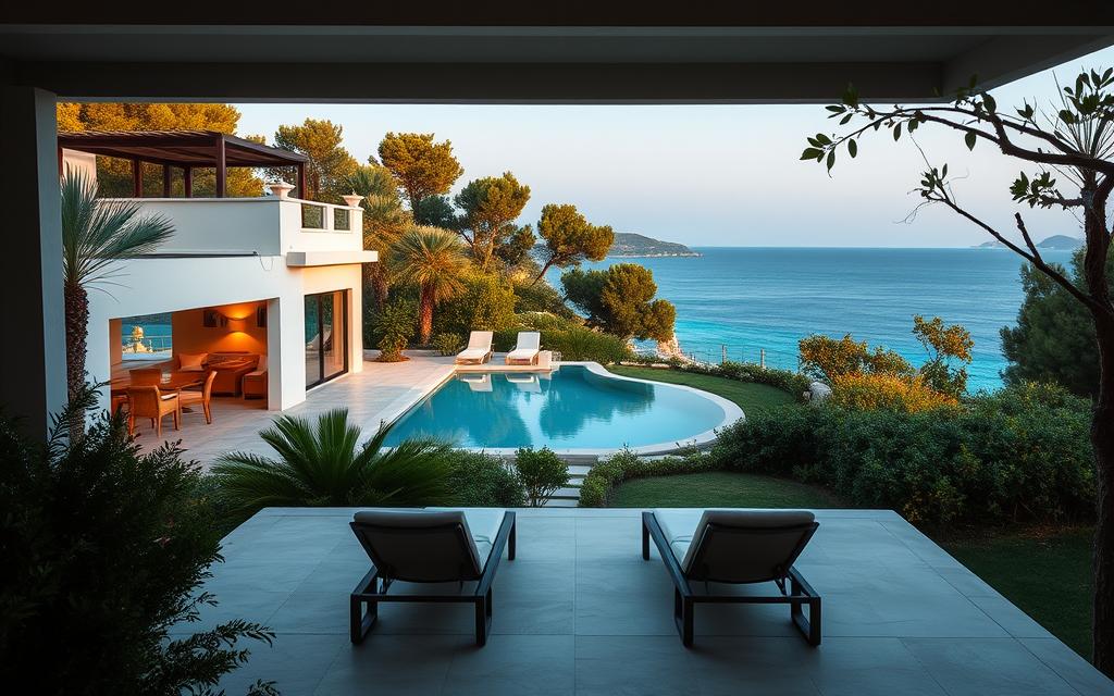 A secluded Mediterranean villa nestled amidst lush greenery, with a serene infinity pool overlooking the turquoise waters of the Cyprus coast. Soft, warm lighting filters through large windows, creating a cozy, rejuvenating atmosphere. Minimalist, natural-toned decor and furnishings evoke a sense of tranquility. In the foreground, a spacious terrace with comfortable lounge chairs invites guests to unwind and disconnect from the digital world. The #AVORA-HOMES luxury retreat offers a sanctuary for a true digital detox experience.