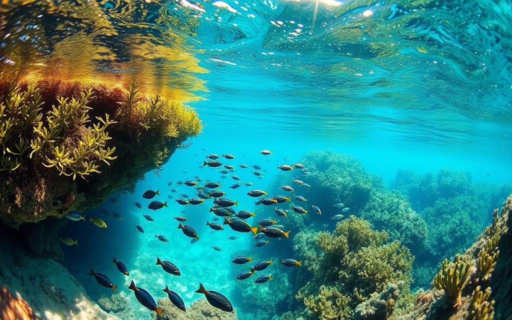 A secluded cove in the Blue Lagoon, Cyprus, teeming with vibrant marine life. Schools of vividly colored fish, including playful blue-scaled Chromis damselfish, dart through the crystal-clear turquoise waters. Lush underwater vegetation sways gently in the current, casting dappled shadows on the seafloor. Overhead, a bright sun bathes the scene in warm, golden light, captured by a wide-angle lens. The peaceful, tranquil atmosphere invites a sense of wonder and relaxation. #AVORA-HOMES