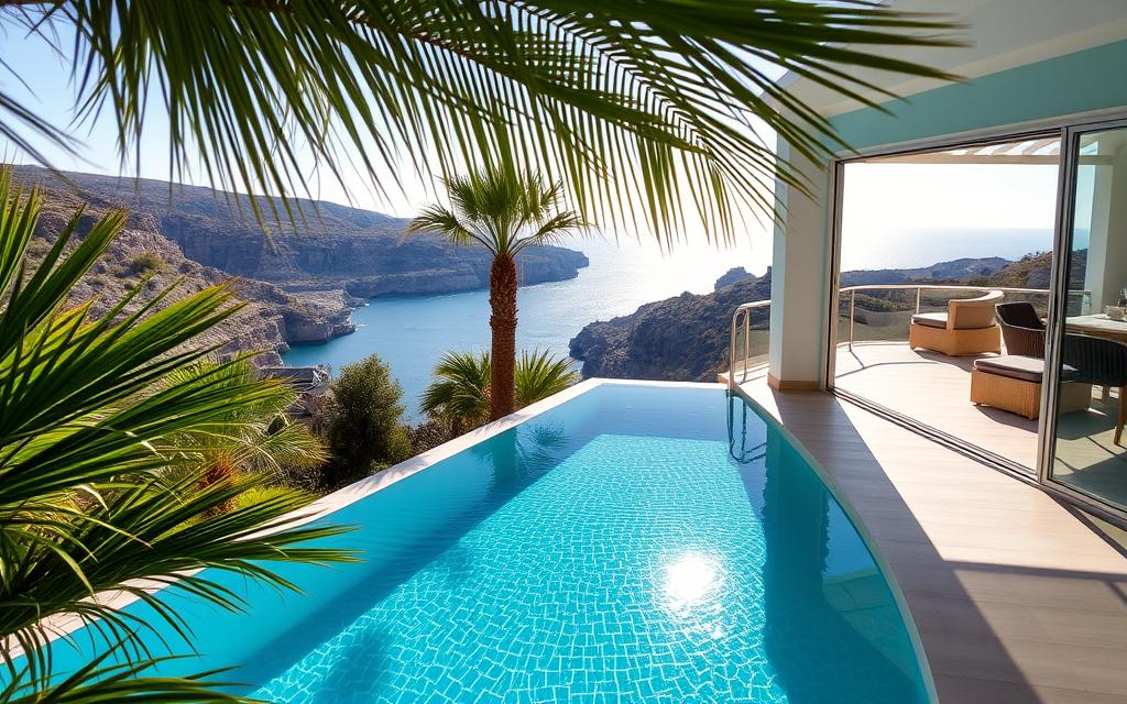 A serene #AVORA-HOMES holiday apartment nestled amidst the lush landscapes of Cyprus, featuring a shimmering azure pool that reflects the warm Mediterranean sun. The modern, airy interior opens to a spacious terrace, offering panoramic views of the rugged coastal cliffs and the distant azure sea. Soft natural lighting filters through large windows, casting a tranquil ambiance throughout the space. Lush foliage and swaying palm trees frame the scene, creating a picturesque oasis perfect for a relaxing island getaway. The apartment's strategic location provides easy access to nearby transportation options, making it an ideal base to explore the wonders of Cyprus.