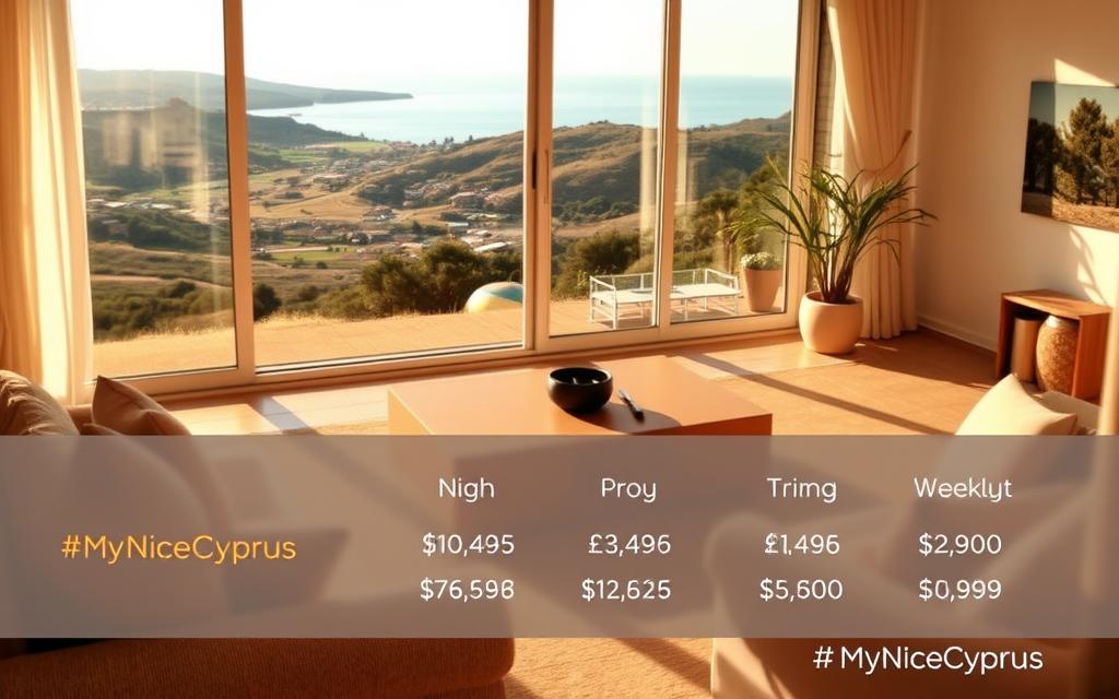 A serene Airbnb vacation rental nestled amidst the lush, sun-drenched landscapes of Cyprus. Featuring a cozy, inviting interior with plush furnishings, floor-to-ceiling windows offer panoramic views of the rolling hills and distant azure sea. Warm, natural lighting filters in, creating a peaceful, tranquil atmosphere. In the foreground, a detailed breakdown of nightly and weekly rental rates, reflecting the property's seasonal pricing. The #MyNiceCyprus logo discreetly adorns the frame, showcasing the brand's commitment to providing exceptional Cypriot hospitality experiences.