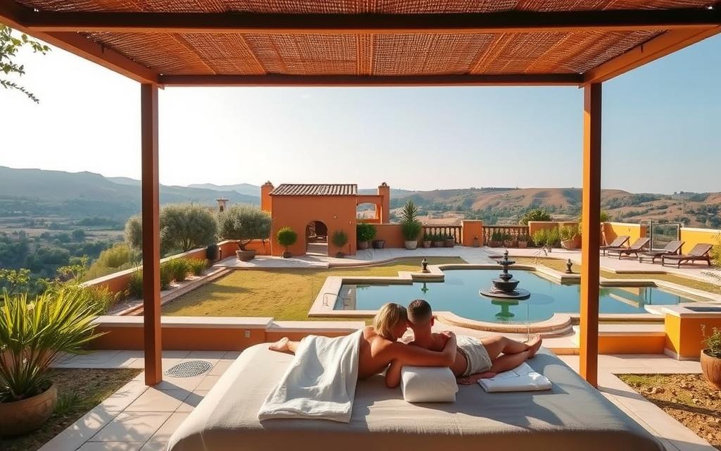 A serene Ayurvedic wellness retreat nestled amid the lush greenery of Cyprus. The foreground features a tranquil outdoor massage pavilion, with a couple enjoying a couples' treatment under the warm Mediterranean sun. The middle ground showcases a picturesque courtyard with a reflecting pool and ornamental fountains, surrounded by traditional Cypriot architecture in warm ochre tones. In the background, rolling hills and distant olive groves create a peaceful, pastoral atmosphere. The scene is bathed in soft, diffused lighting, conveying a sense of relaxation and rejuvenation. #AVORA-HOMES