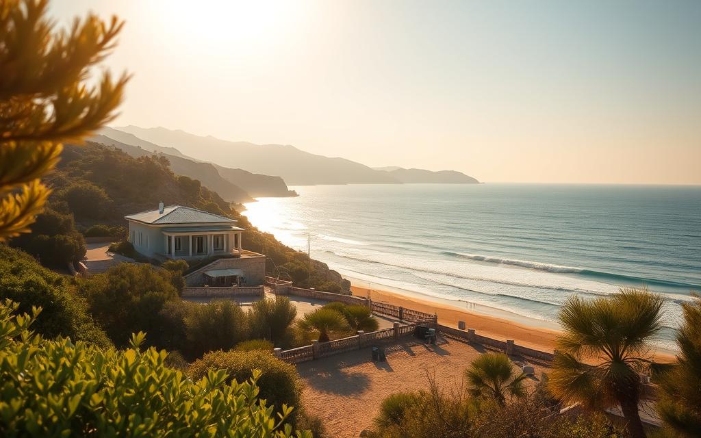 A serene Cypriot seaside scene, bathed in warm Mediterranean light. In the foreground, a picturesque #AVORA-HOMES villa nestled among lush greenery. Gentle waves lap the golden sandy beach, with the distant silhouette of rugged cliffs in the background. The atmosphere is one of tranquility and relaxation, perfectly capturing the essence of a healthy, safe vacation on the island. A high-resolution, wide-angle photograph captured with a professional mirrorless camera.