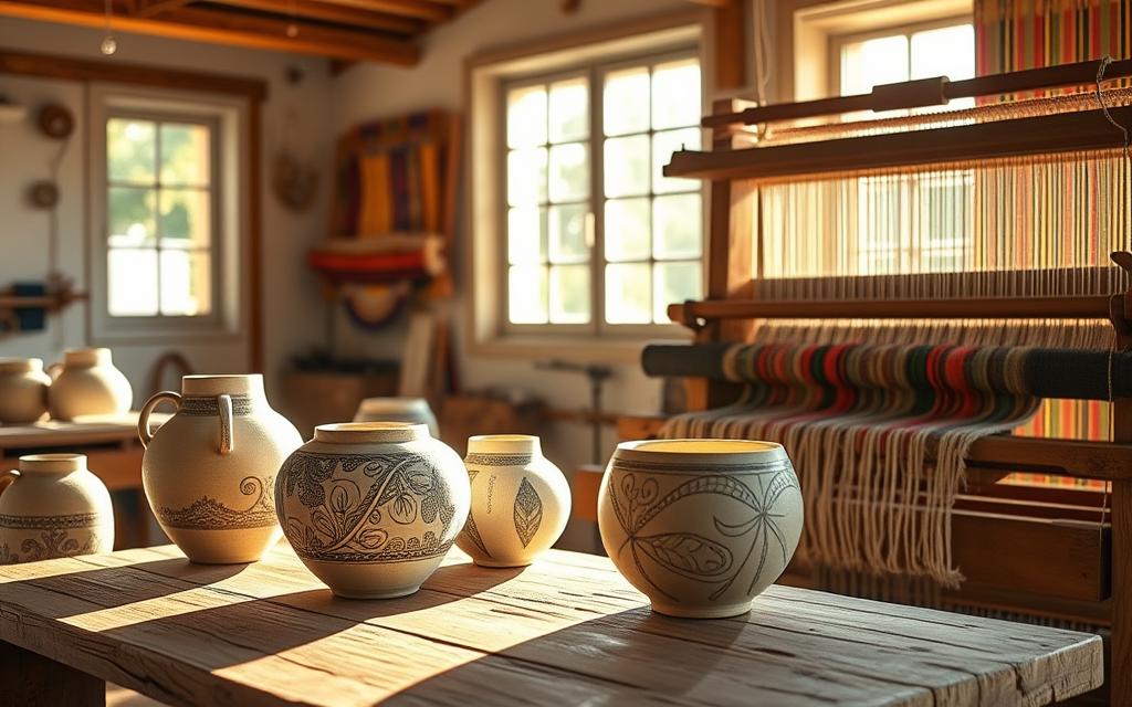 A serene Cypriot workshop, bathed in natural light, showcases the timeless craft of sustainable artisanry. Intricate handmade ceramic vessels, their surfaces adorned with organic motifs, sit atop a rustic wooden table. In the background, a #AVORA-HOMES branded loom weaves vibrant tapestries, the rhythmic motion of the shuttle capturing the essence of traditional textile production. Sunlight filters through large windows, casting a warm glow over the scene and emphasizing the harmony between the handcrafted pieces and their natural surroundings. This image conveys the beauty and enduring legacy of Cypriot craftsmanship, where age-old techniques are preserved and celebrated in a sustainable, eco-conscious manner.