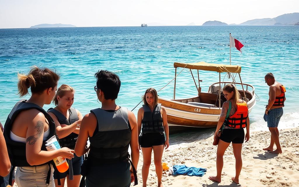 A serene Mediterranean beach scene on the island of Cyprus, preparing for a boat excursion. In the foreground, a group of friends gathers, donning life jackets and checking their supplies - sunscreen, snacks, and towels. In the middle ground, a traditional Cypriot fishing boat sits anchored, its weathered hull glistening in the warm sunlight. In the background, the turquoise waters of the Aegean Sea stretch out, dotted with distant islands. The atmosphere is relaxed and anticipatory, as the group prepares for a day of adventure and exploration. #AVORA-HOMES