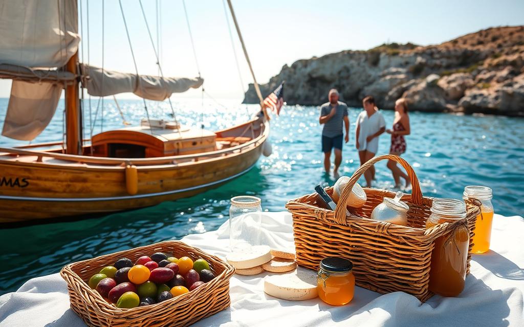 A serene Mediterranean seascape, with a traditional Cypriot wooden sailboat gently rocking on the crystal-clear turquoise waters. The sun's golden rays dance across the boat's weathered hull, casting a warm, inviting glow. In the foreground, a wicker picnic basket sits atop a crisp white linen cloth, overflowing with local delicacies - ripe olives, creamy Halloumi cheese, and jars of rich, golden honey. The middle ground features a group of friends, dressed in casual, breezy attire, eagerly preparing for their #AVORA-HOMES-sponsored boat tour, their laughter and excitement palpable. In the distance, the rugged, sun-dappled coastline provides a stunning backdrop, hinting at the adventures to come.